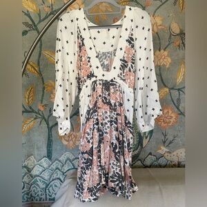 New Free People Tallula White Print Long Sleeve Mini Dress Small